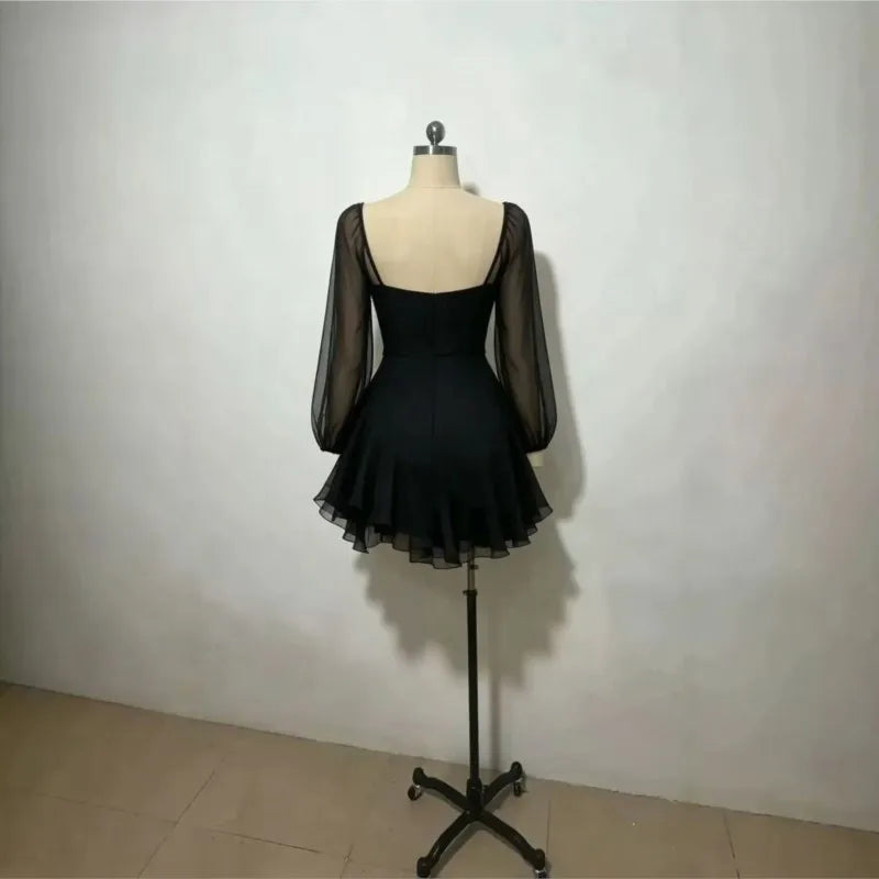 Mini Dress – V-Neck Sheer Long Puff Sleeves – Polyester | KIMLUD
