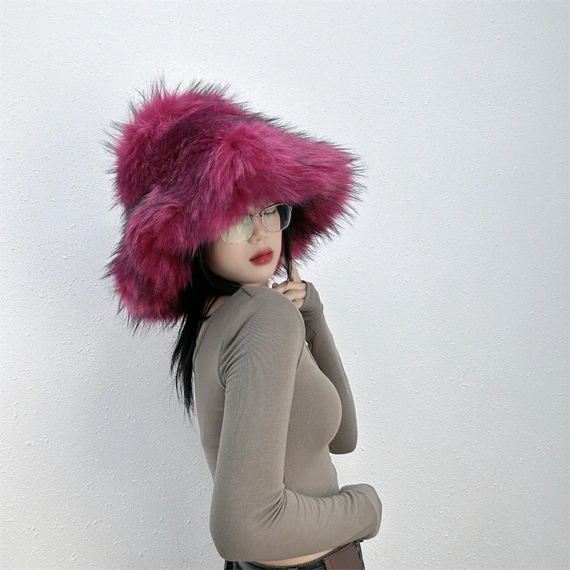 Winter Women Faux Fur Bucket Hat Warm Raccoon Fur Hat Oversize Outdoor Punk Hat Girl Fashion Long Fur Bucket Hat Furry Cute Cap - KIMLUD