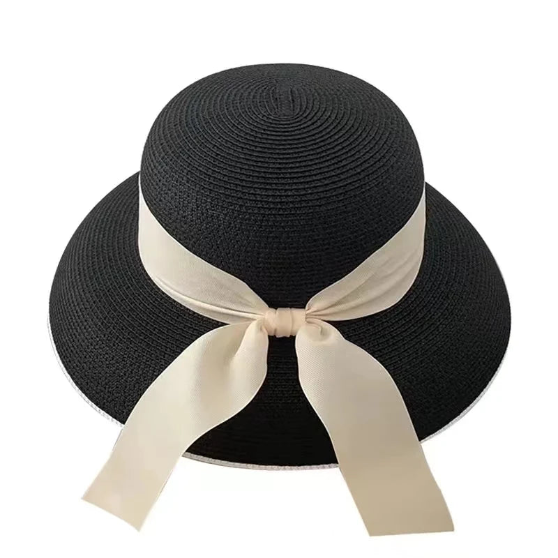 Straw Retro Bow Wide Brim Sun Hat — Natural | KIMLUD
