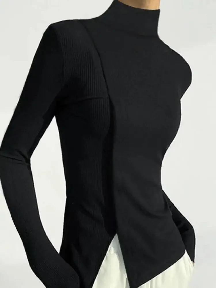 Long Sleeve T-Shirt – High Neck Slim Fit – Blended Fabric – Black | KIMLUD