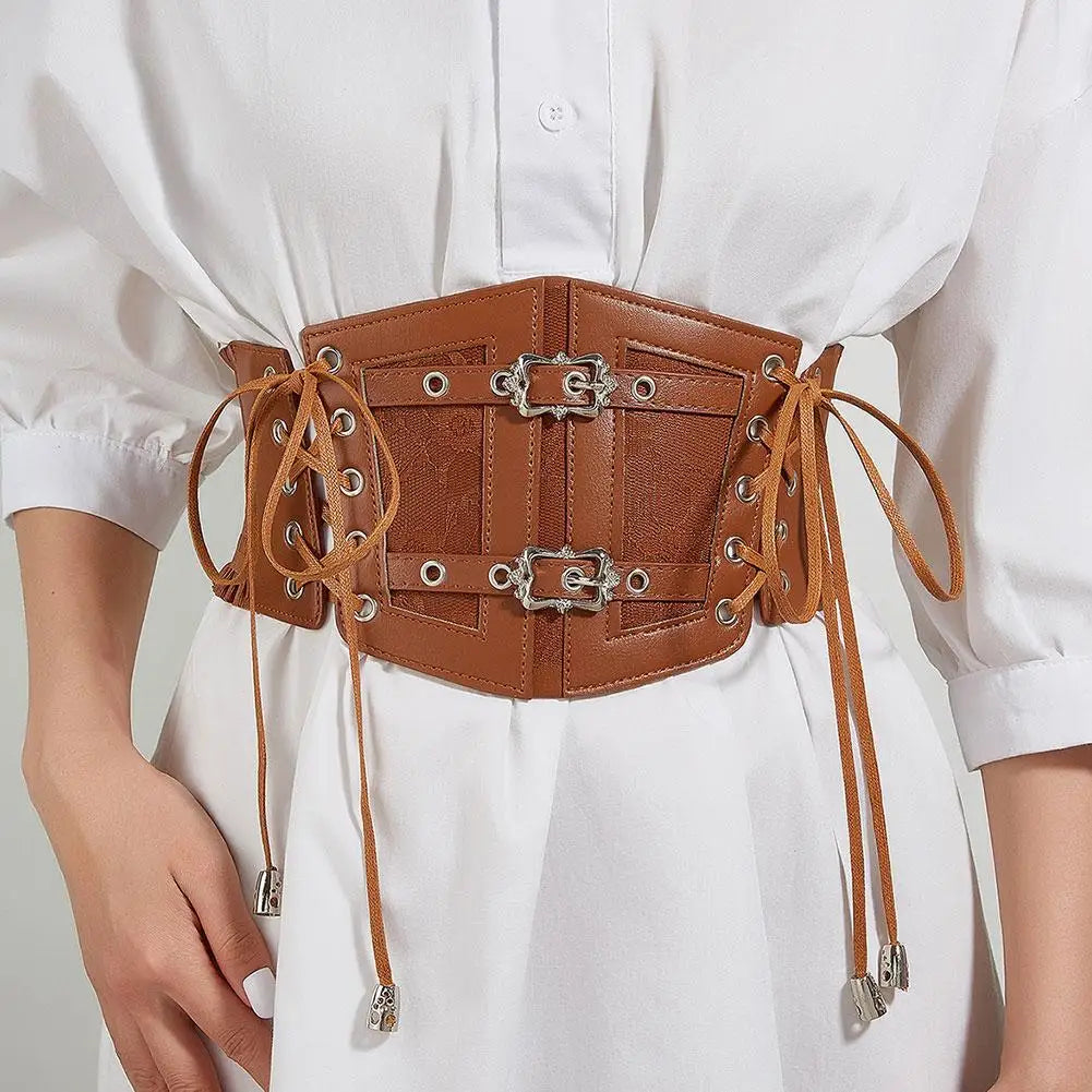 Retro Wide Belt PU Stretch Cummerbunds Belts — Brown White | KIMLUD