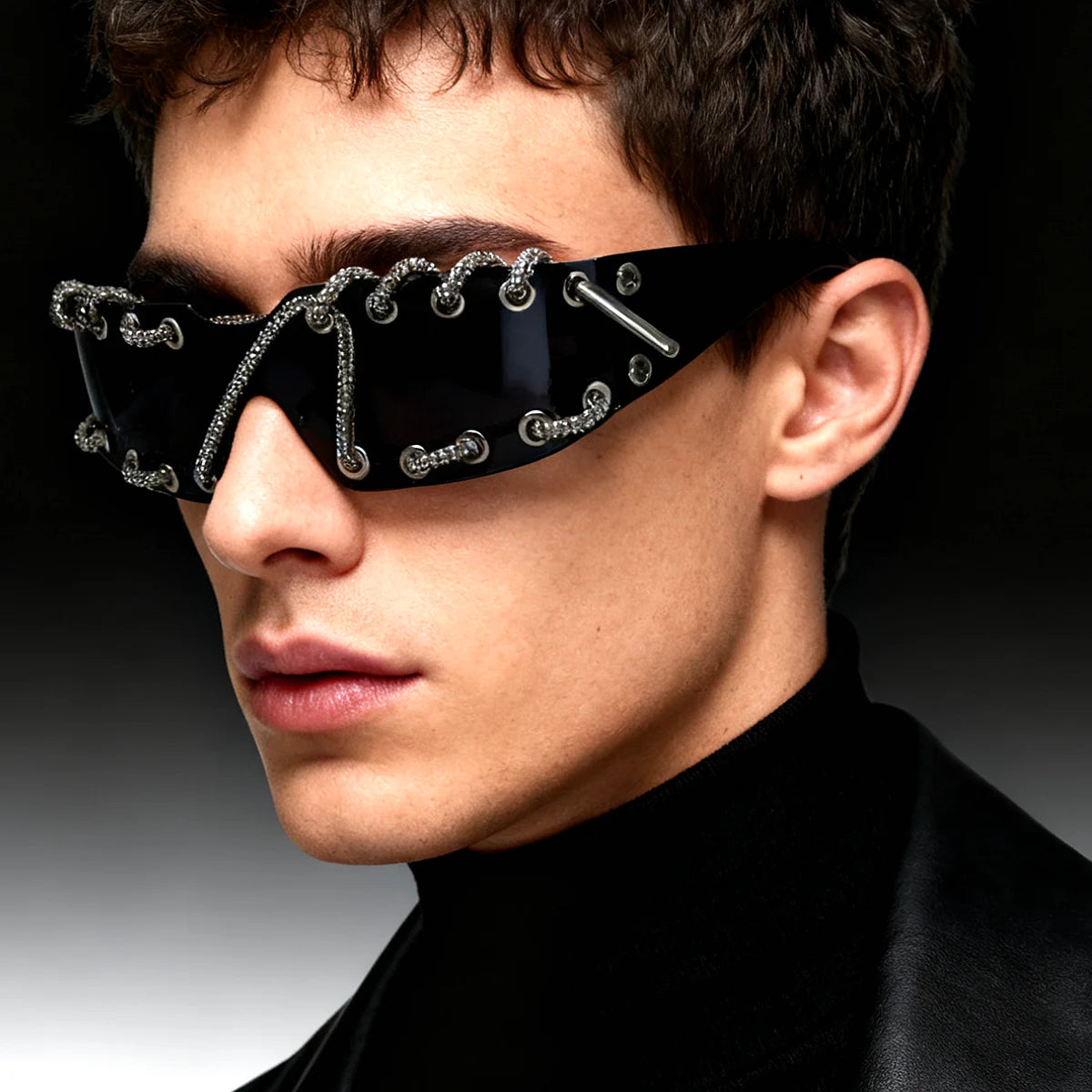 Frameless Crystal Chain Y2K Punk Sunglasses — Black | KIMLUD