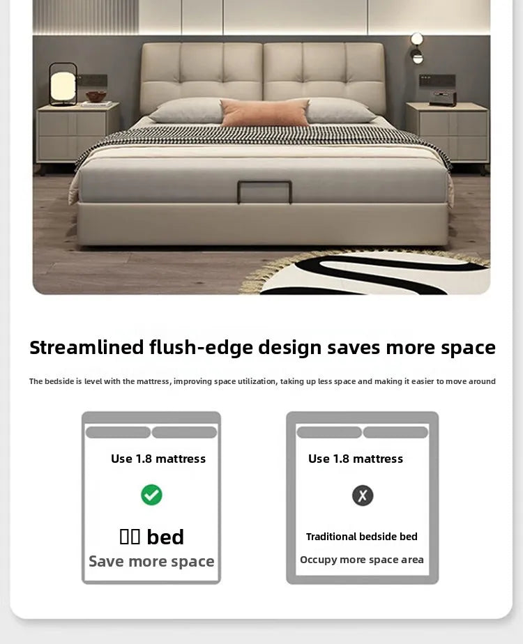Modern Minimalism Genuine Napa Leather Bed With Built-In Storage Drawers — Beige | KIMLUD