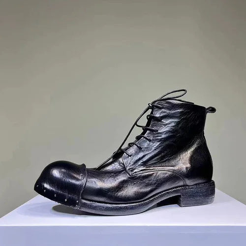 Men's Horse Leather Vintage Wash Water Old Leather Boots Handmade Goodyear- Men's Short Boots Lace Up Round Head Men