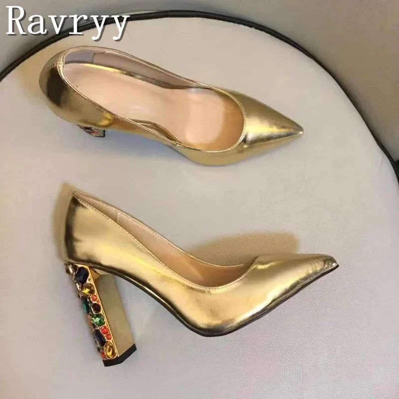 Rhinestone Block Heel Pumps In Sheepskin — Gold | KIMLUD