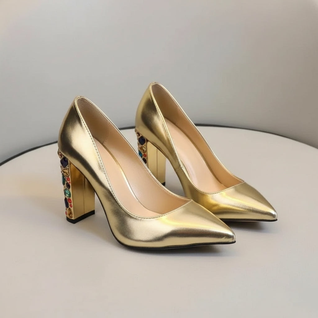 Metallic Gold Rhinestone Pumps With Crystals — Gold | KIMLUD