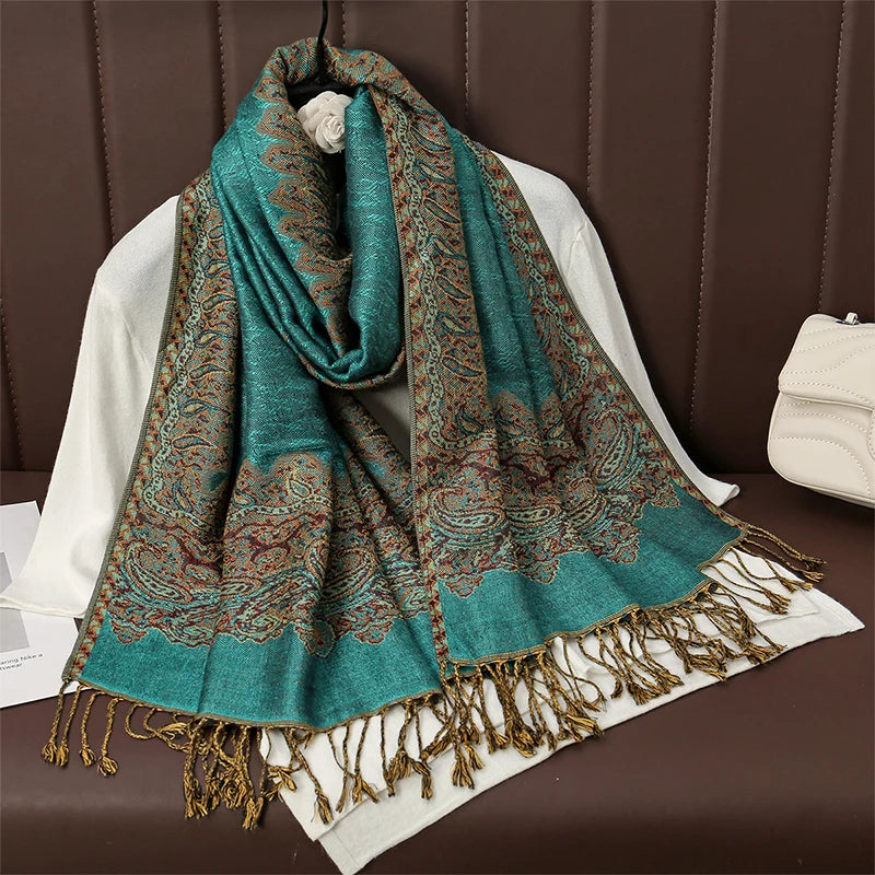 Cashmere Pashmina Shawl With Autumn Print Design, Olive Accents And Gold-Toned Fringe — Red | KIMLUD