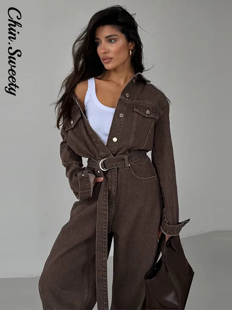 Denim-Inspired Jumpsuit Turn-Down Collar Lace-Up Full Sleeve Wide-Leg — Brown | KIMLUD