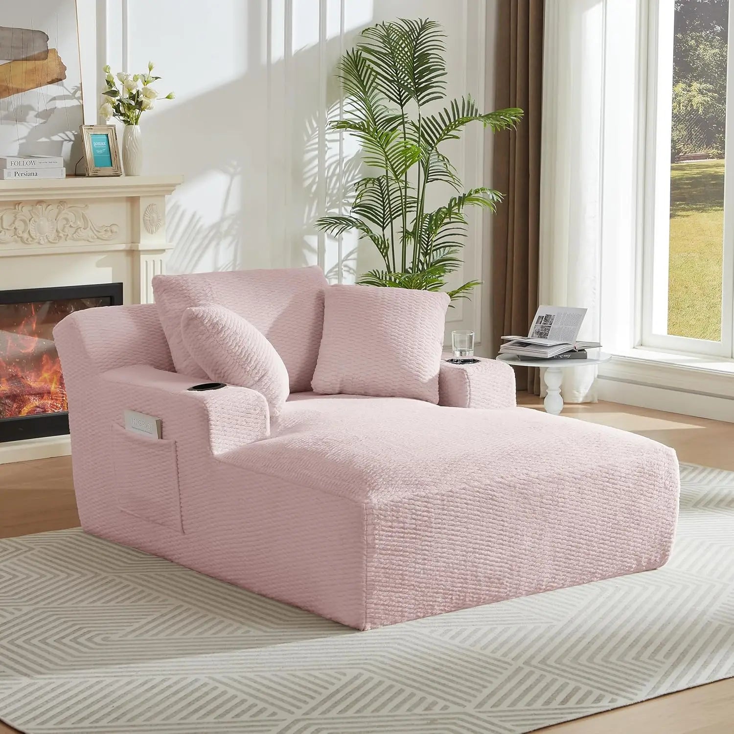 67" Oversize Chaise Lounge Deep Seat 2 Cup Holders Storage Pockets Living Room Bedroom Office Brown Customized