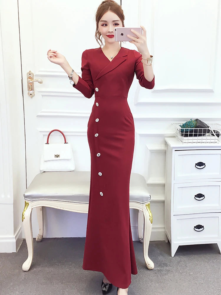 2025 Blue Bodycon Single Breasted Chic Office Lady Dress Women Korean Elegant Office Lady Dress Autumn Winter Fashion Prom Dress