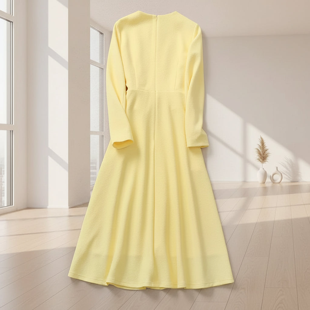 Pleated A-Line Dress Long Sleeve — Yellow | KIMLUD