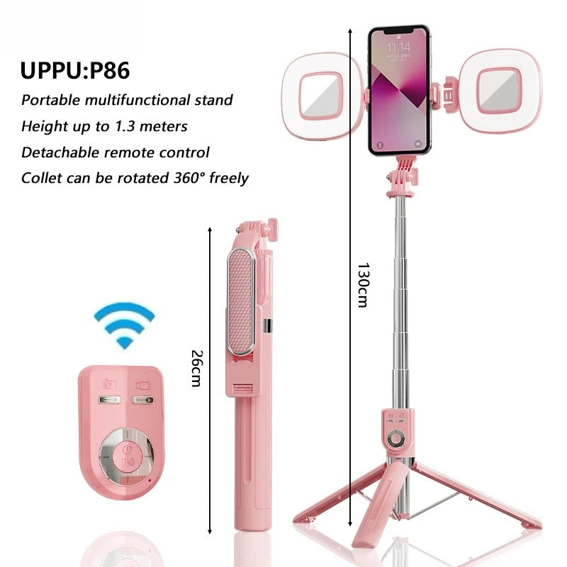 1.3m Portable Selfie Stick Retractable Tripod Phone Stand with Dual Fill Lights 360° Rotating Photography Live Streaming Devices