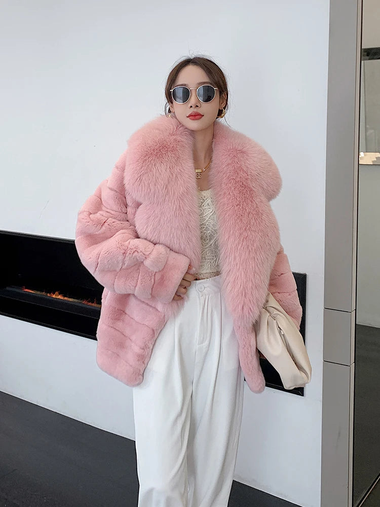 Rex Rabbit Fur Coat – Fox Fur Collar – Chinchilla Color | KIMLUD