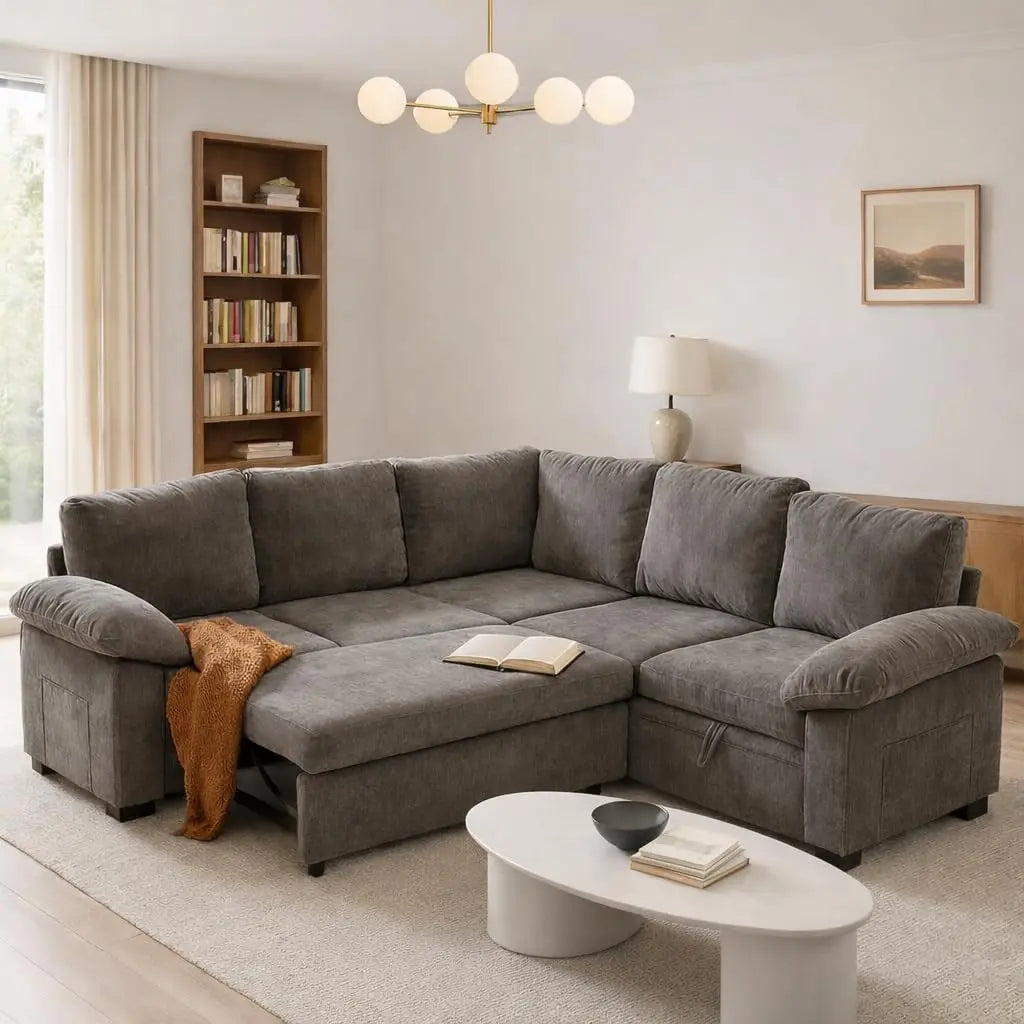 108in L-Shaped Sleeper Sectional Sofa Bed with Storage, Chenille, 5-Seat Modular for Living Room Apartment, Customized