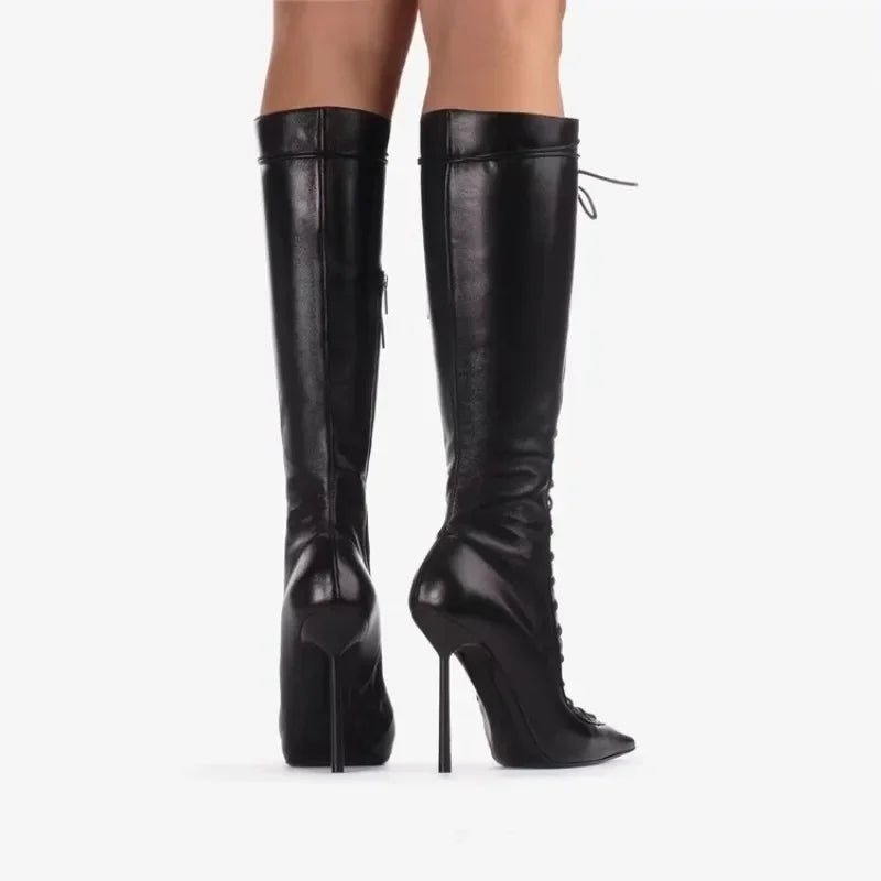 Lace-Up Leather Cross-Strap Knee High Boots — Brown | KIMLUD