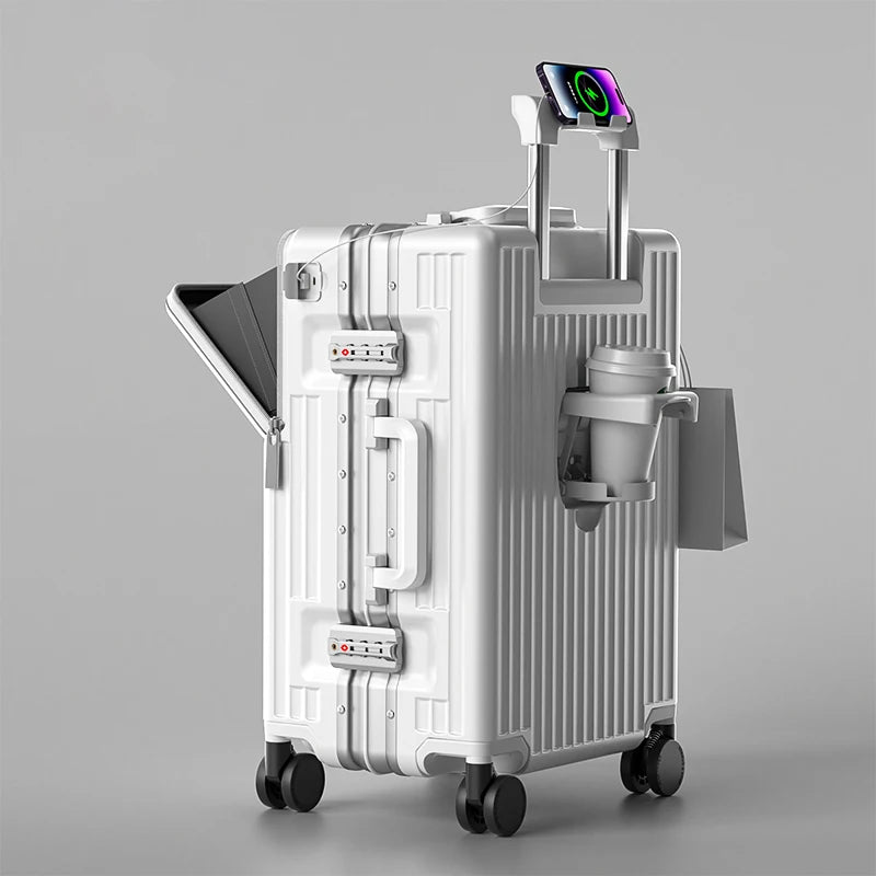 New Front Opening Luggage 24 inch USB Multifunctional Suitcase 20“ Boarding Trolley case 26 inch Large Capacity with Cup holder