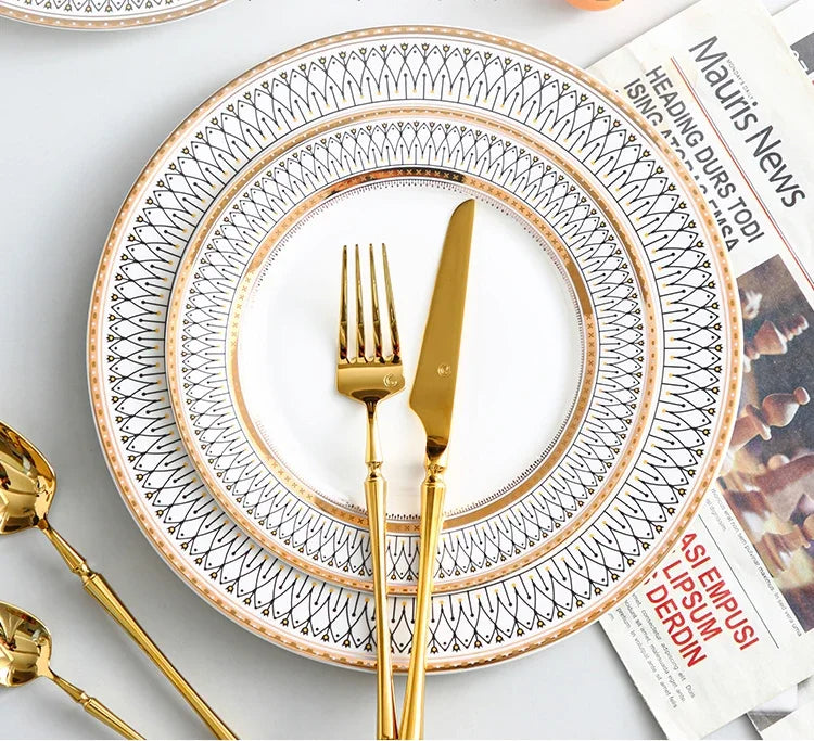 Ceramic European Style Dessert Plate With Gold Rim And Subtle Depth — White | KIMLUD