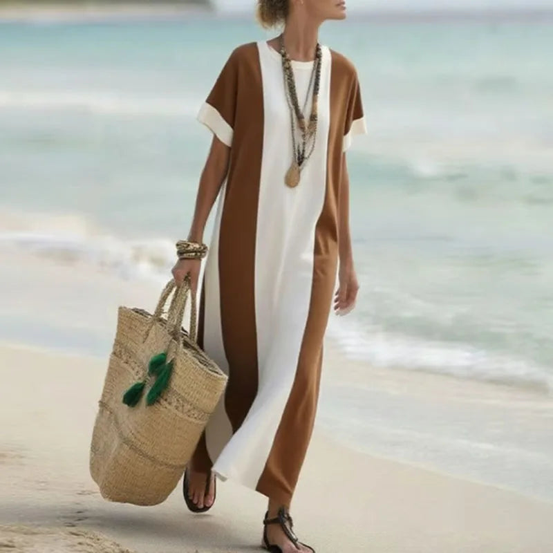 Spring Elegant Crew Neck Holiday Beach Dress Woman Chic Contrast Color Patchwork Long Dress Summer Short Sleeve Split Boho Dress
