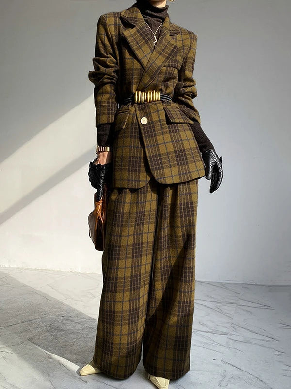Woolen Blend Jacket Plaid Notch Collar Long Sleeve — Charcoal | KIMLUD