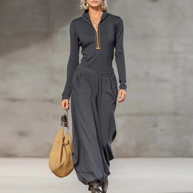 Retro Solid Zipper Hooded Top Pullover+High Waist Pants Outfit Woman Sexy Stand Collar Overalls Suit Chic Long Sleeve Autumn Set