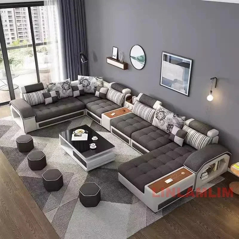 U-Shaped Sectional Fabric Sofa With Storage And Built-In Side Table — Gray | KIMLUD
