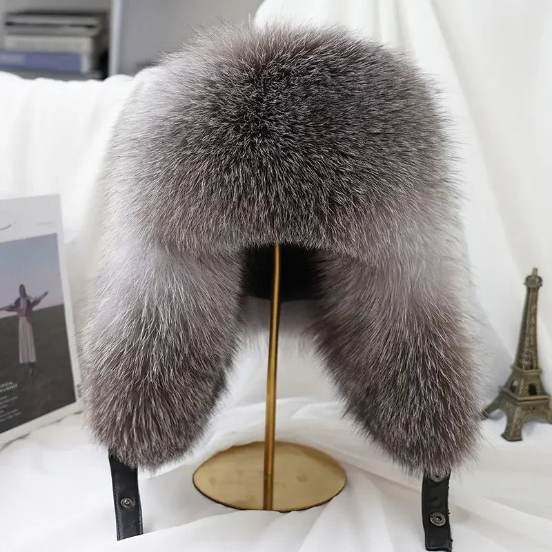 Real Silver Fox Fur Bomber Hat Leather Top — Silver | KIMLUD
