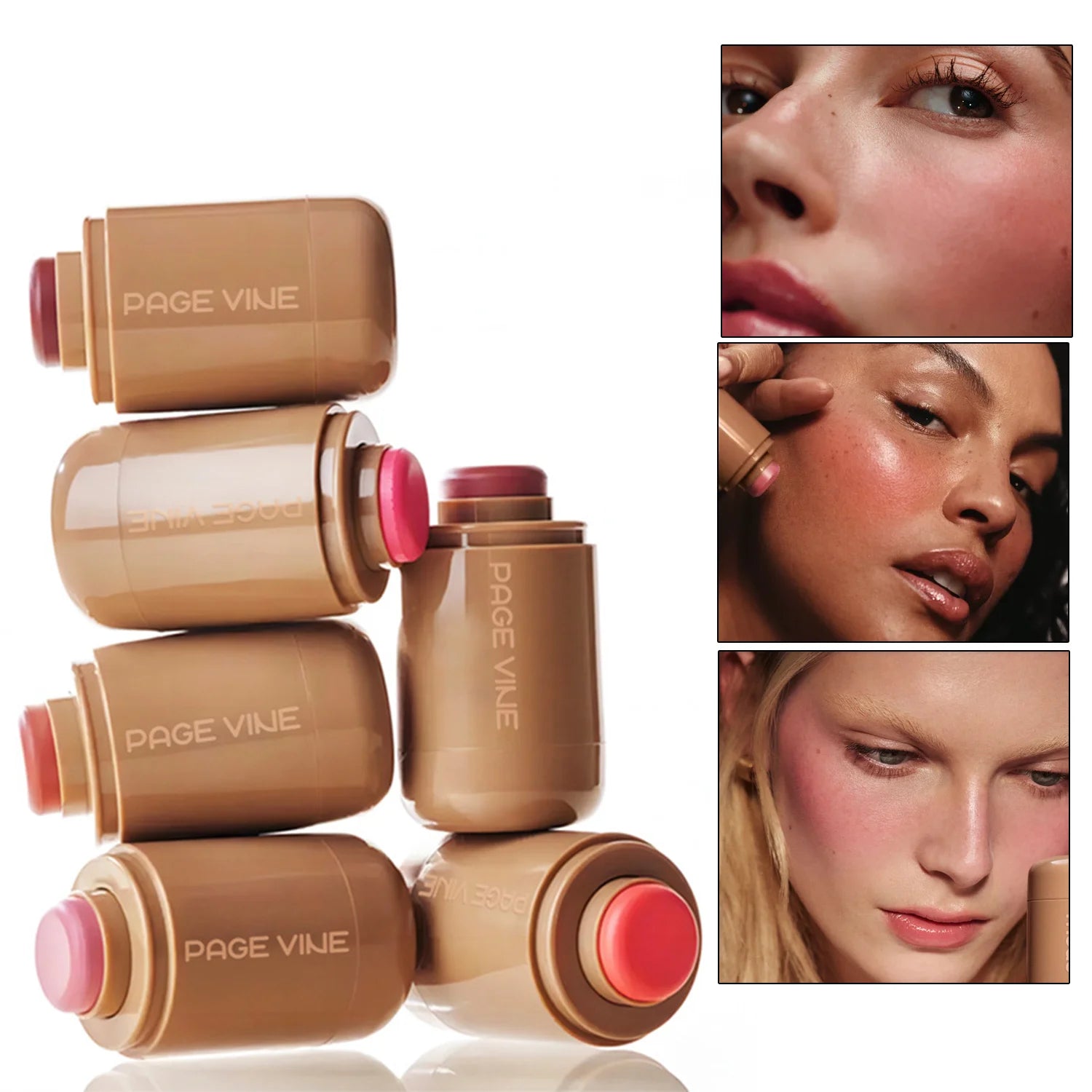 PAGE VINE Pocket Blush Stick Multi-Functional 6 Colors Lip & Cheek Highlighter Waterproof Natural Glow Balm