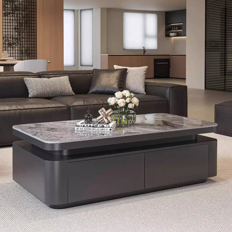 Minimalist Rock Slab Storage Coffee Table — Deep Graphite Black | KIMLUD