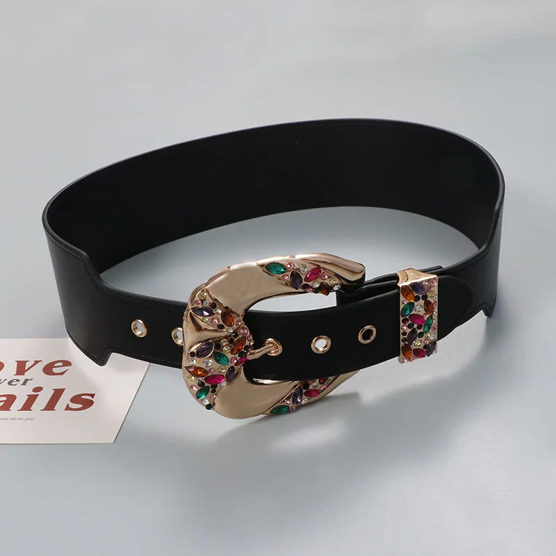 Belt – Rhinestone Zircon Metal Design – PU Belt – Solid | KIMLUD