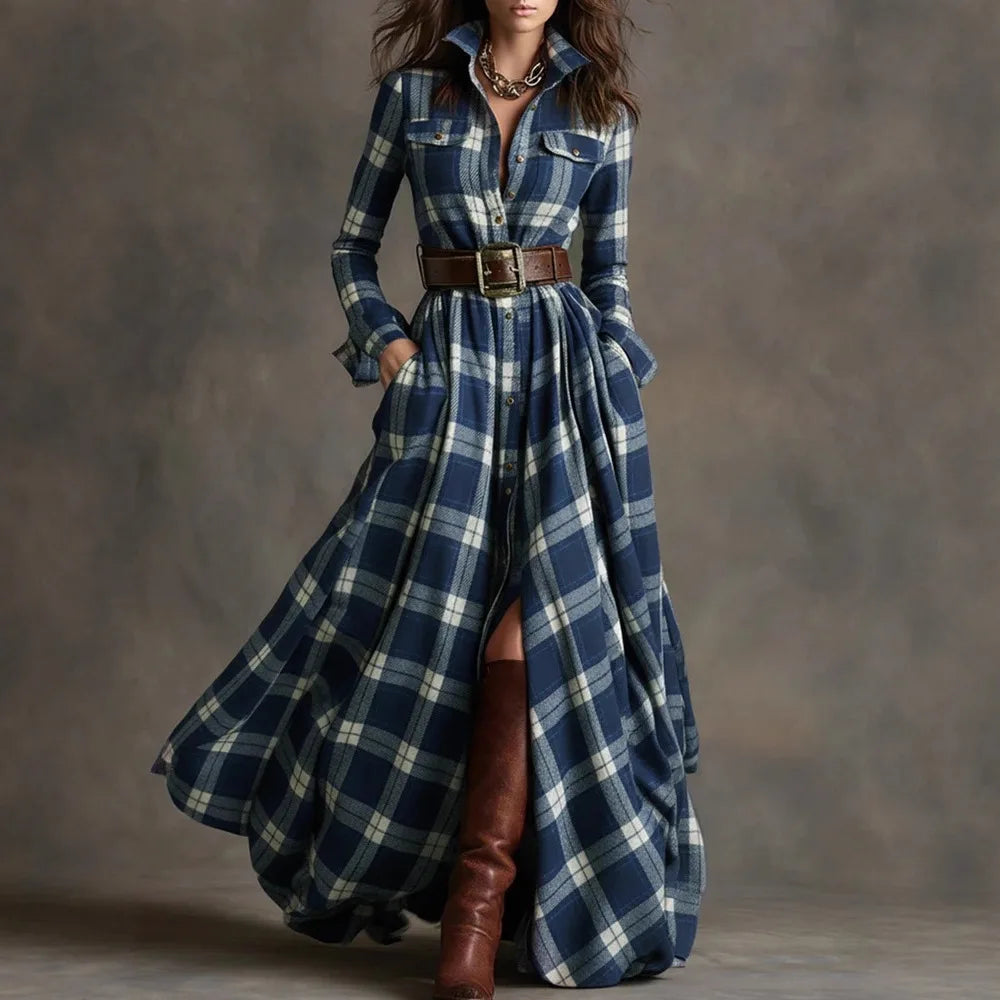 Polyester A-Line Dress Plaid Belted Retro Long Sleeve Turn-Down Collar — Black | KIMLUD