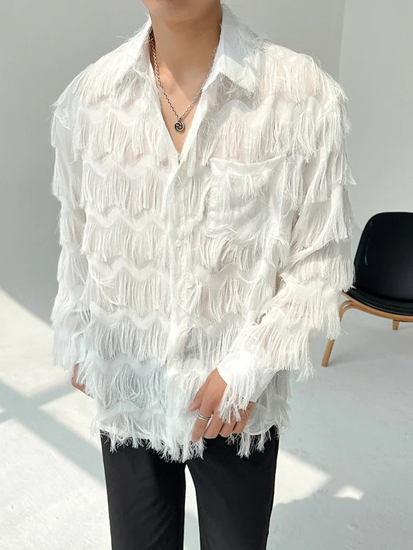 Tasseled Polyester Shirt Long Sleeve Fringe Draped — Black/White | KIMLUD
