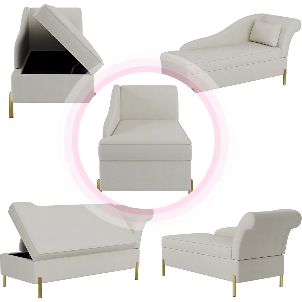 Velvet Chaise Lounge with Storage, Modern Upholstered Tufted Chaise Lounge Chair Indoor Sofa Recliner Couch for Bedroom Office