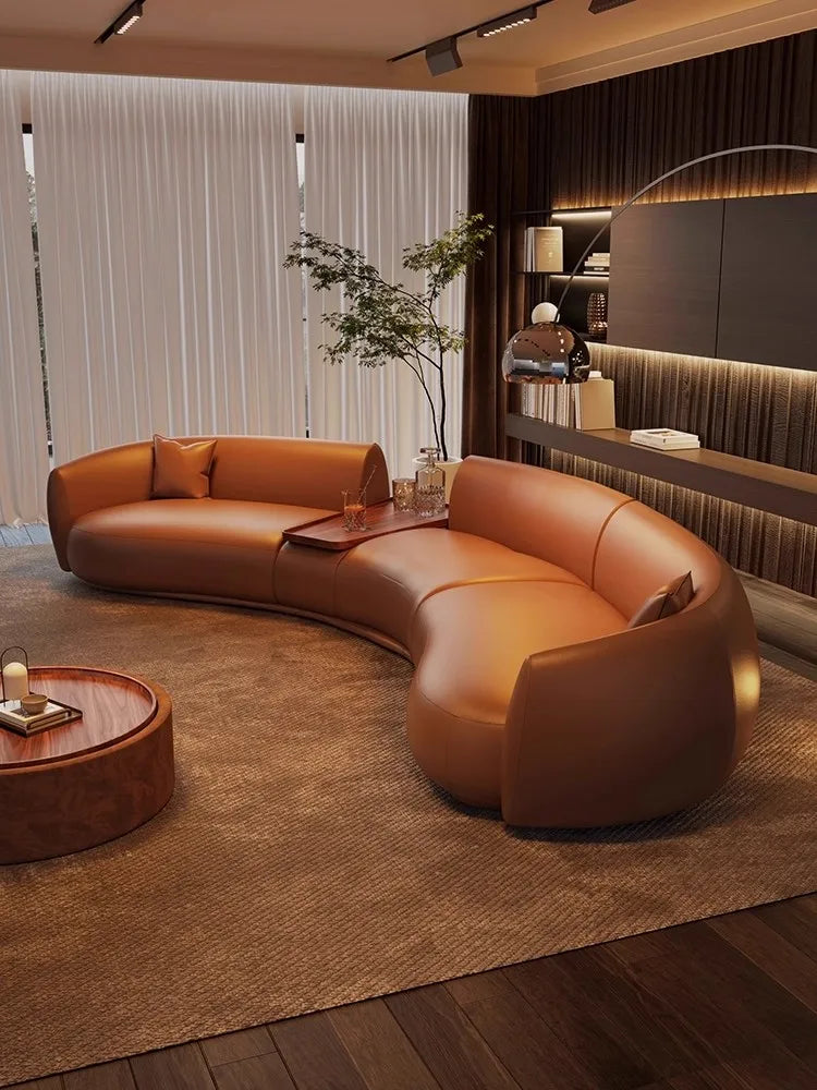 Italian curved leather sofa, premium luxury living room, beauty salon, office and reception area furniture