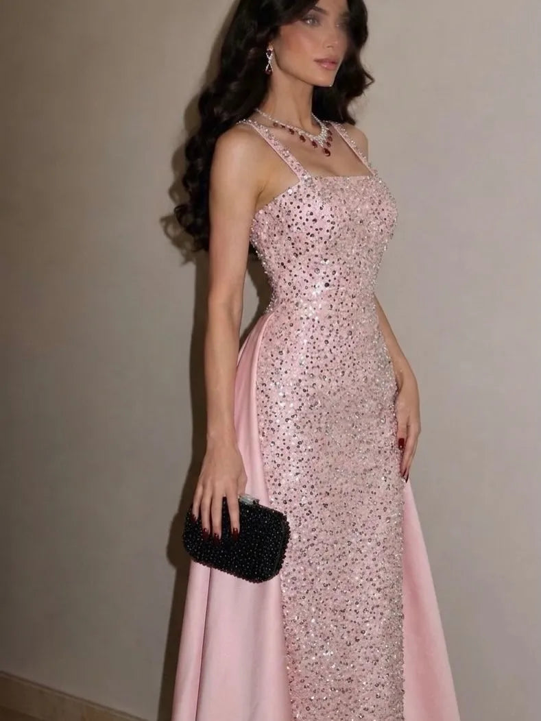 Evening Dress - Spaghetti Strap Beaded Sequins - Pink Satin Train | KIMLUD