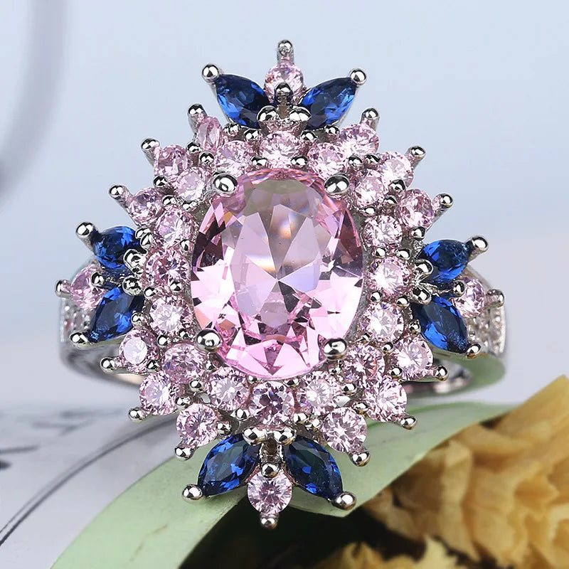 Fasion Real Solid 925 Sterling Silver Ring Women Gift AAA Multi Color Zircon Jewelry Blue Pave Flower Wedding Silver Rings Gift