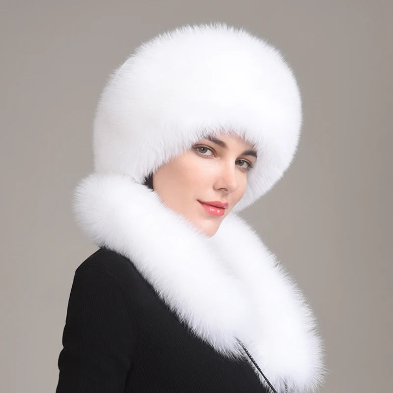Real Fox Fur Hat With Rabbit Fur Top — Black | KIMLUD
