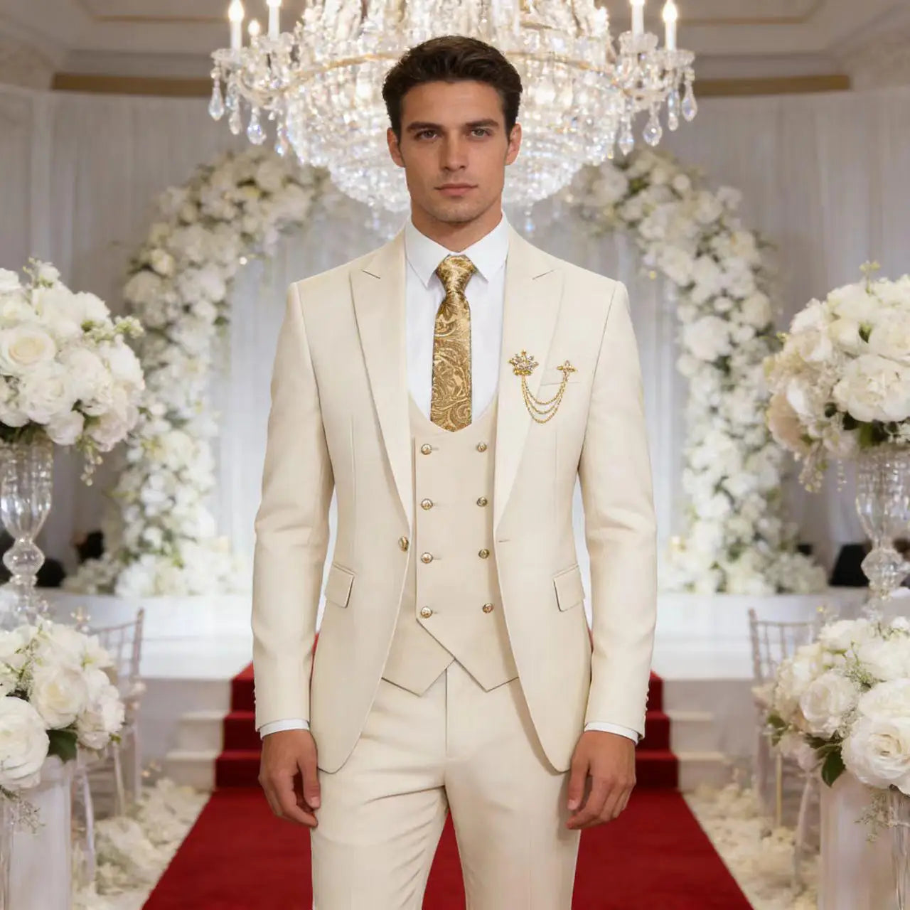 Men's 3-Piece Suit Set Classic One Gold Button Slim Fit Blazer Vest Pants Formal Business Wedding Wear