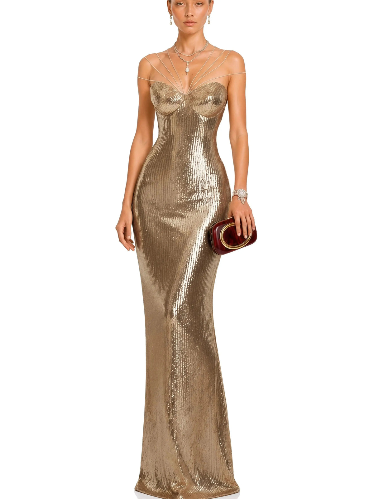 Mermaid Evening Dress – Strapless Bustier with Chain Straps – Sequin – Red | KIMLUD