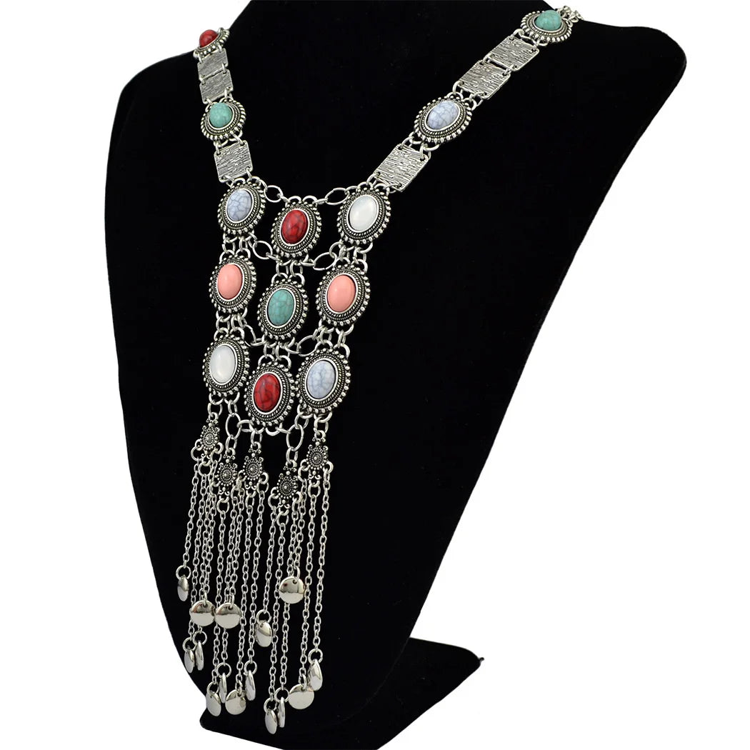 Pendant Necklace – Multi Layer Tassel Bell Turquoise Gemstone – Zinc Alloy | KIMLUD