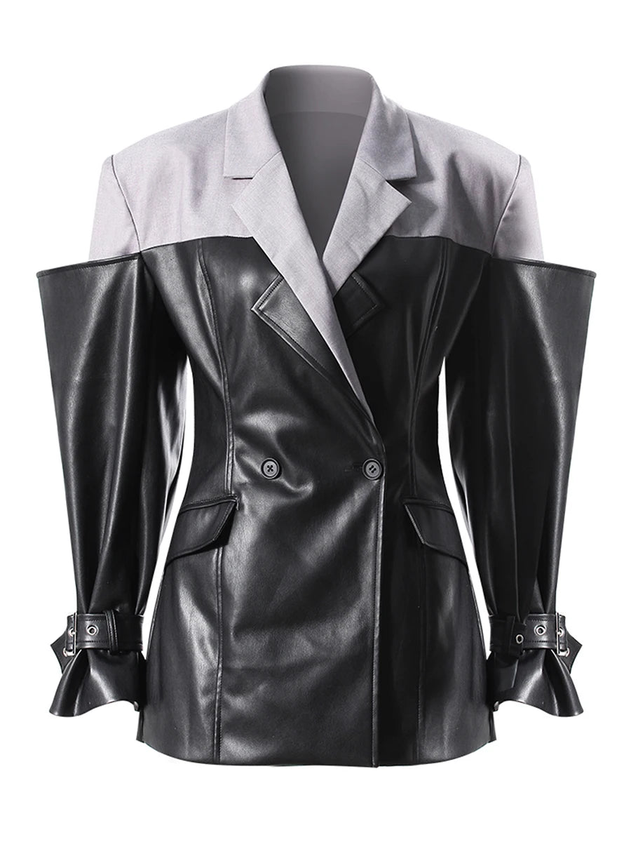 Leather Patchwork Jacket — Lapel Long Sleeve Black | KIMLUD