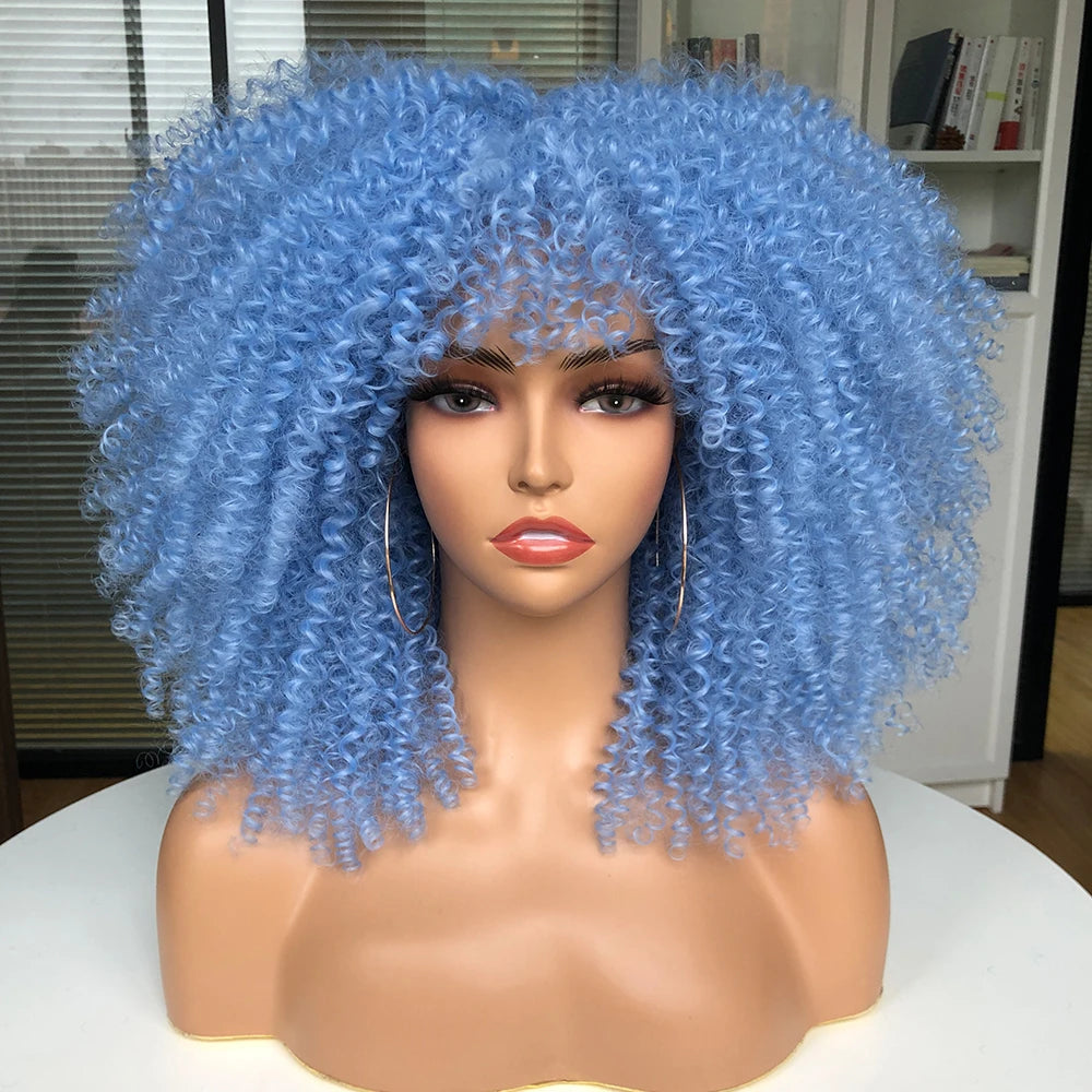 Afro Kinky Curly Hair Wigs With Bangs — Natural Brown Mixed | KIMLUD