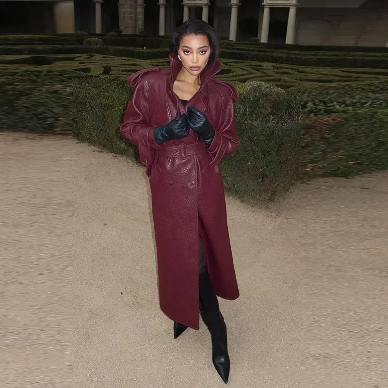 Y2k Street Long Leather Jacket Women Double Breasted Lapel Lace Up Female Coat 2025 Fashion Spring Full Sleeve Belt Lady Outwear