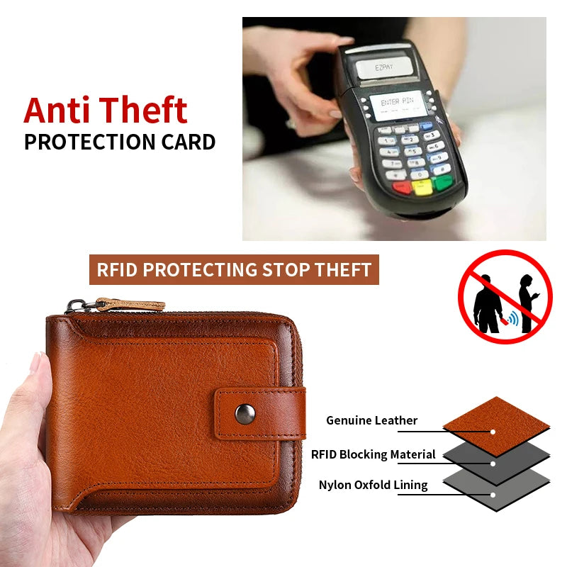 Wallet – Cowhide Leather Anti-Theft – Zipper Wallet 2 Cash Slots | KIMLUD