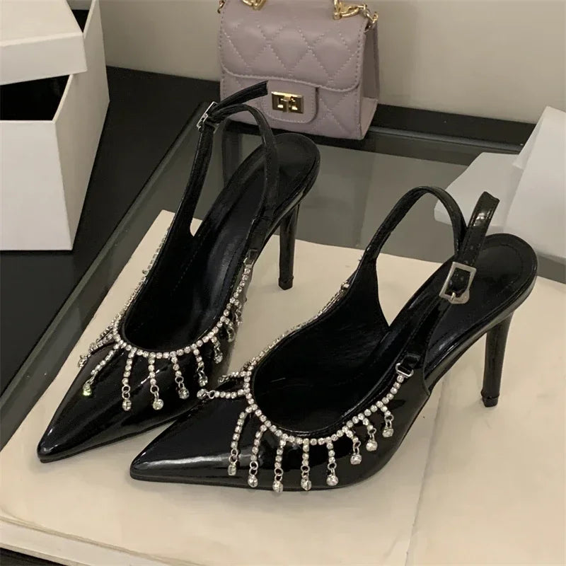 Pointed Toe Heels Patent Leather Rhinestone Buckle — Black | KIMLUD