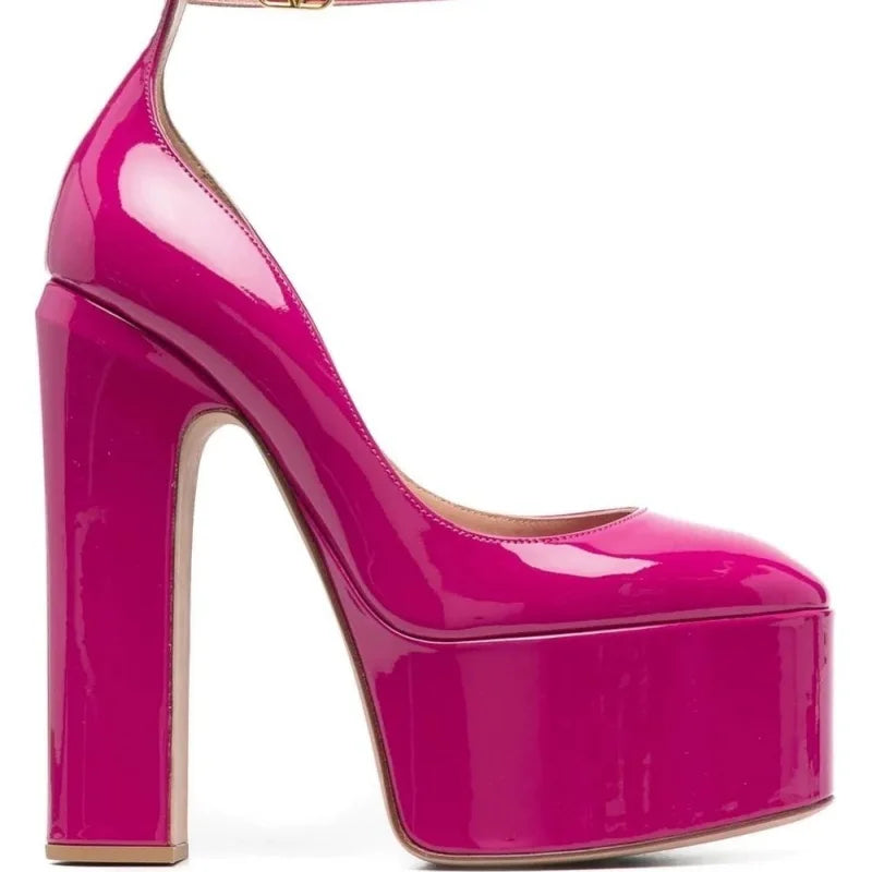 Patent Leather Platform Sandals Round Toe Ankle Buckle — Black | KIMLUD