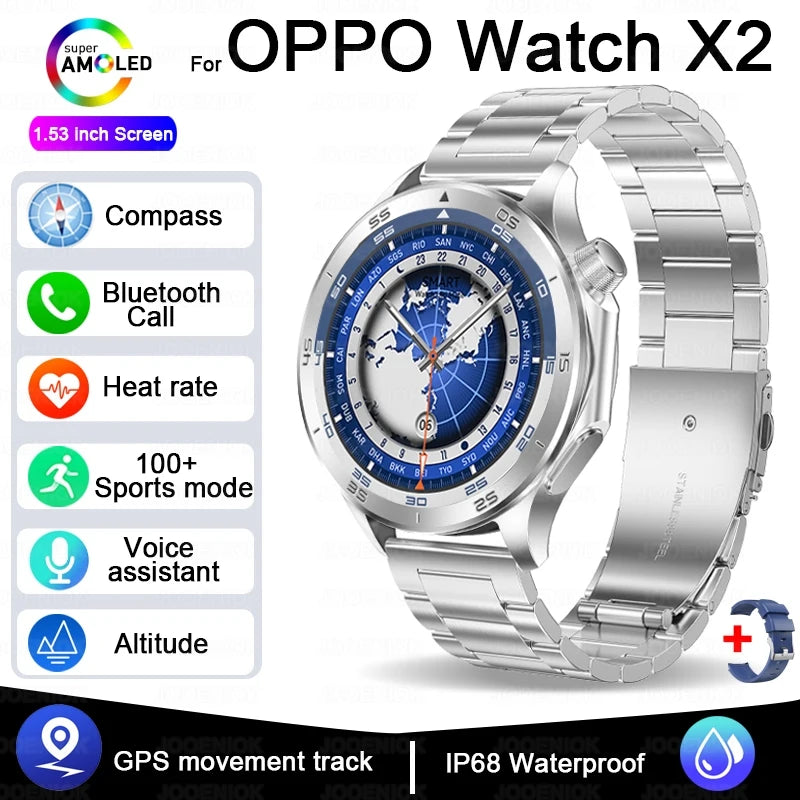OPPO Watch X2 Latest Bluetooth Call Smartwatch Men GPS NFC Health Monitoring IP68 Waterproof Watch AMOLED HD Screen Smart Watch