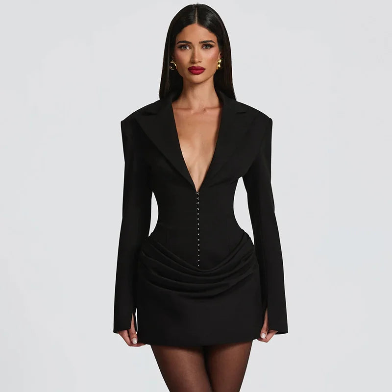 Blifanbo Elegant Deep V Neck Ruched Mini Autumn Long Sleeve Slim High Waist Fashion Patchwork Club Party Dress Female Clothes