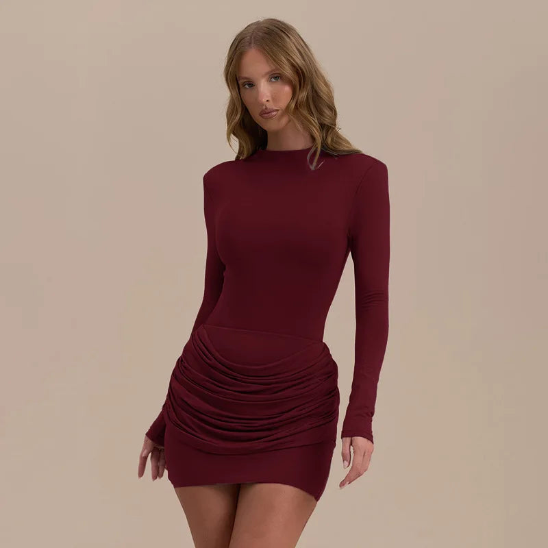 Polyester Pleated Stretch Long Sleeve Dress Gathered Hip Silhouette — Jet Black | KIMLUD