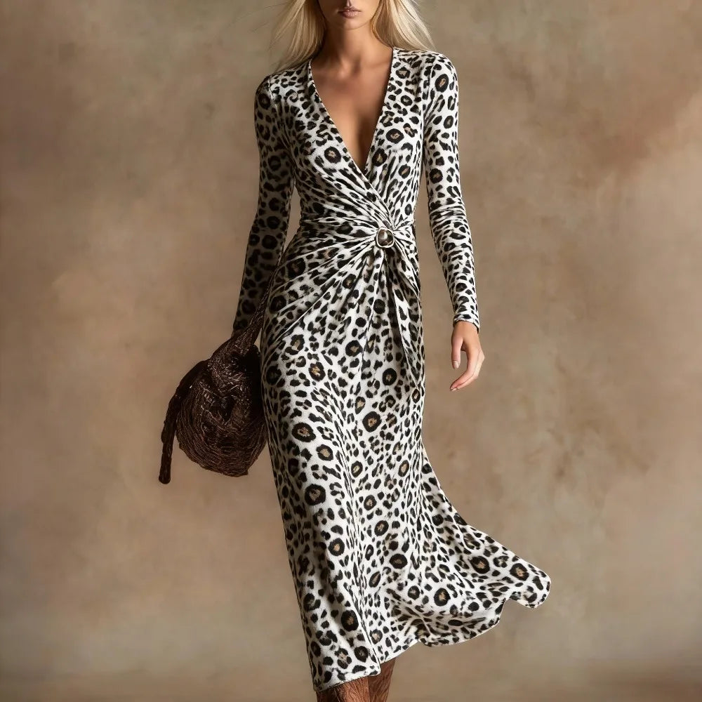Leopard Print Maxi Dress – Twist Front – Polyester – Leopard | KIMLUD