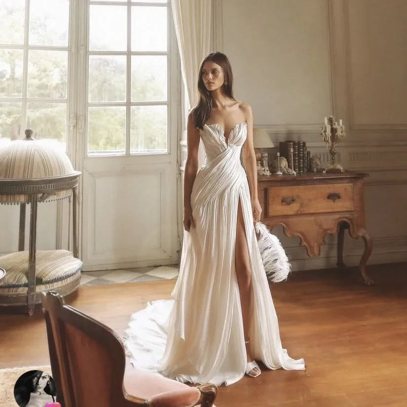 New Couture Off Shoulder Formal Dress Split Backless Custom Made Sexy Draped Prom Gowns A Line V Neck Long Prom Dresses
